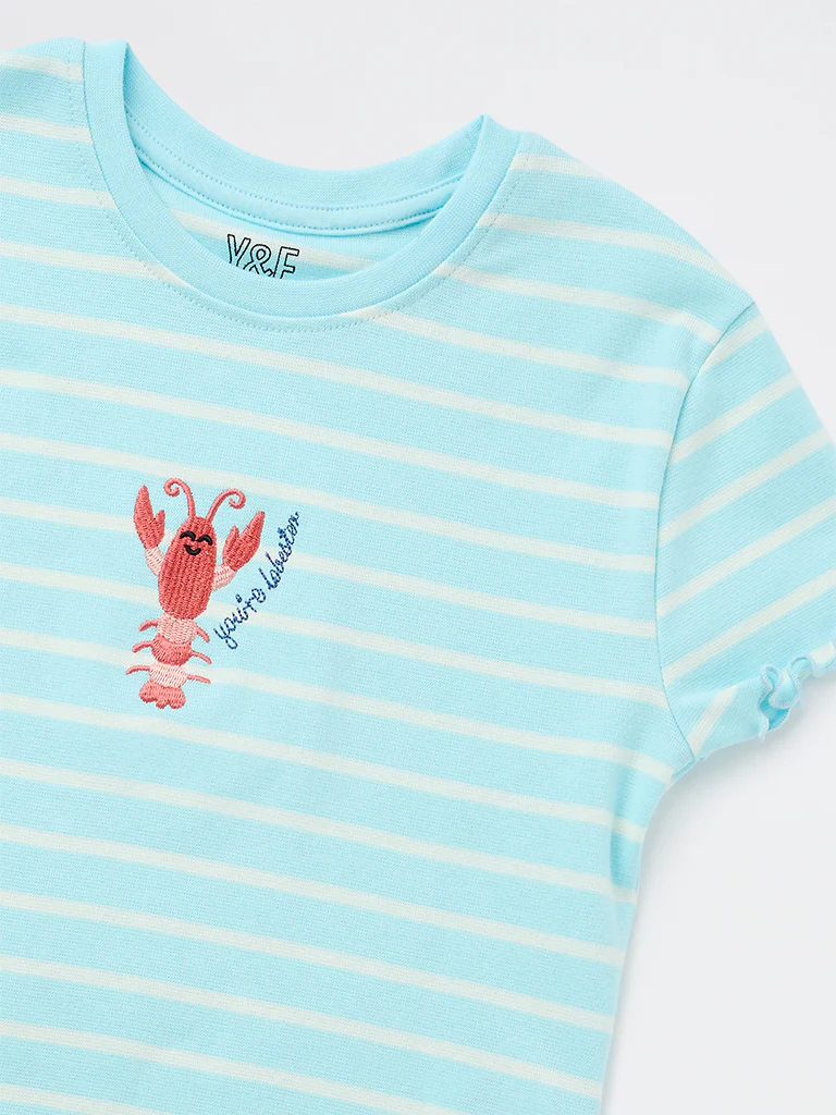 Y&F Kids Girls Blue Striped Cotton-Blend T-Shirt - Image 6
