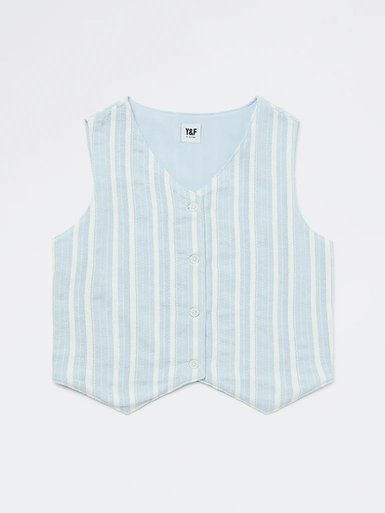 Y&F Kids Girls Blue Striped Cotton-Blend Waistcoat