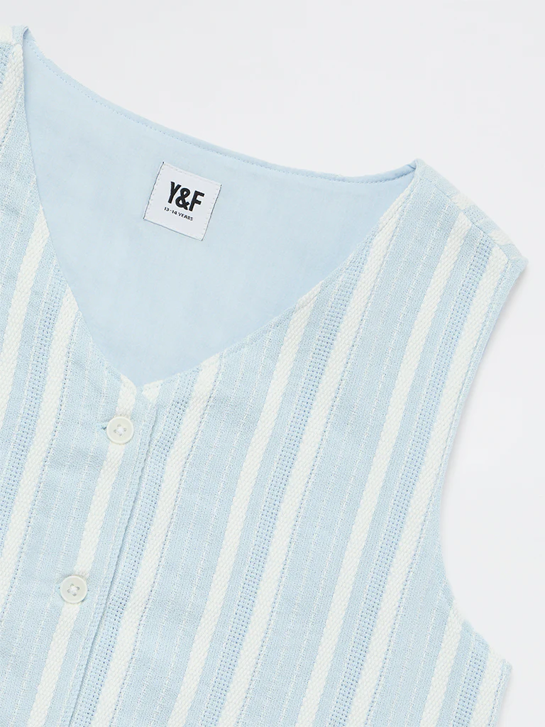 Y&F Kids Girls Blue Striped Cotton-Blend Waistcoat - Image 4