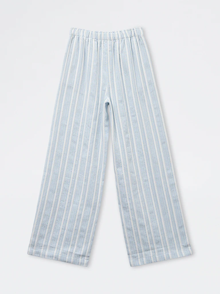 Y&F Kids Girls Blue Striped High Rise Cotton-Blend Trousers