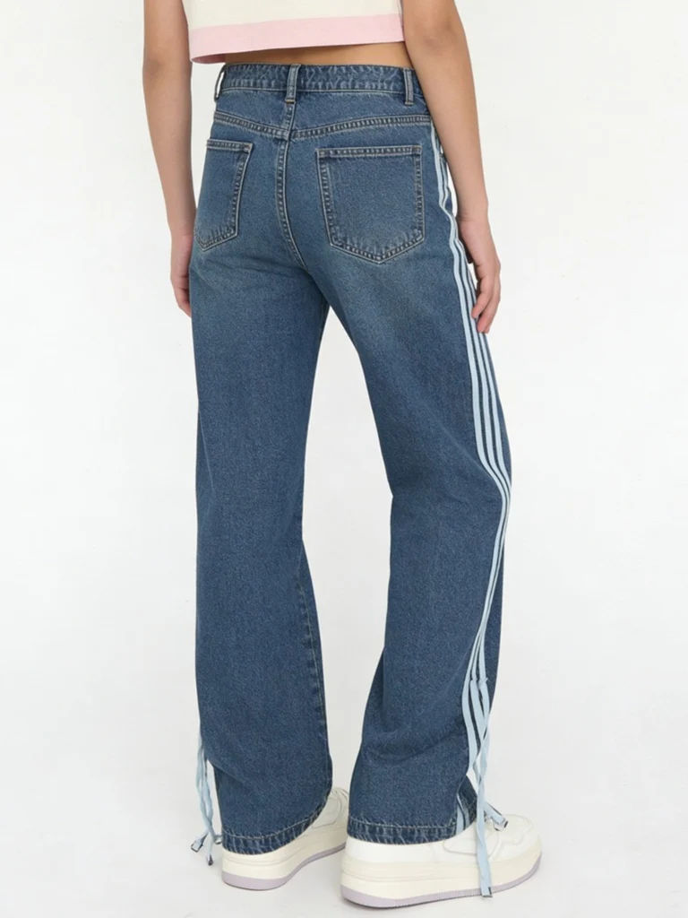 Y&F Kids Girls Blue Striped High-Rise Relaxed-Fit Jeans - Image 2