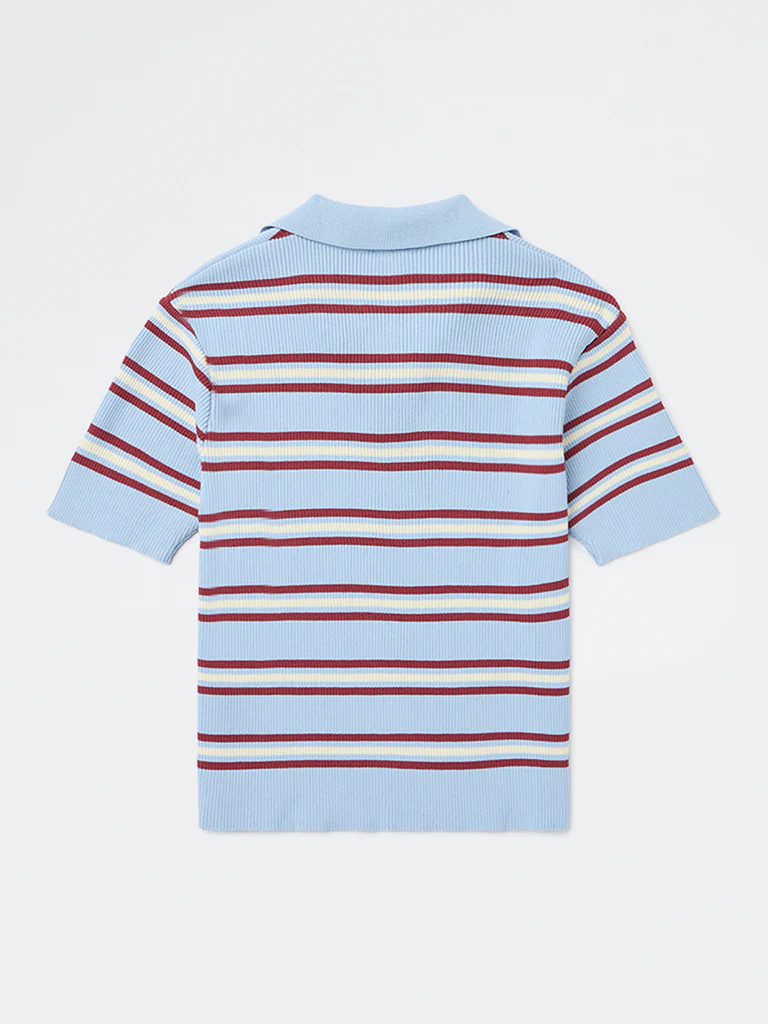 Y&F Kids Girls Blue Striped Textured T-Shirt - Image 4