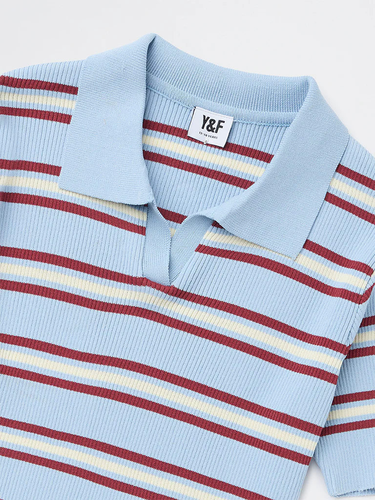 Y&F Kids Girls Blue Striped Textured T-Shirt - Image 5