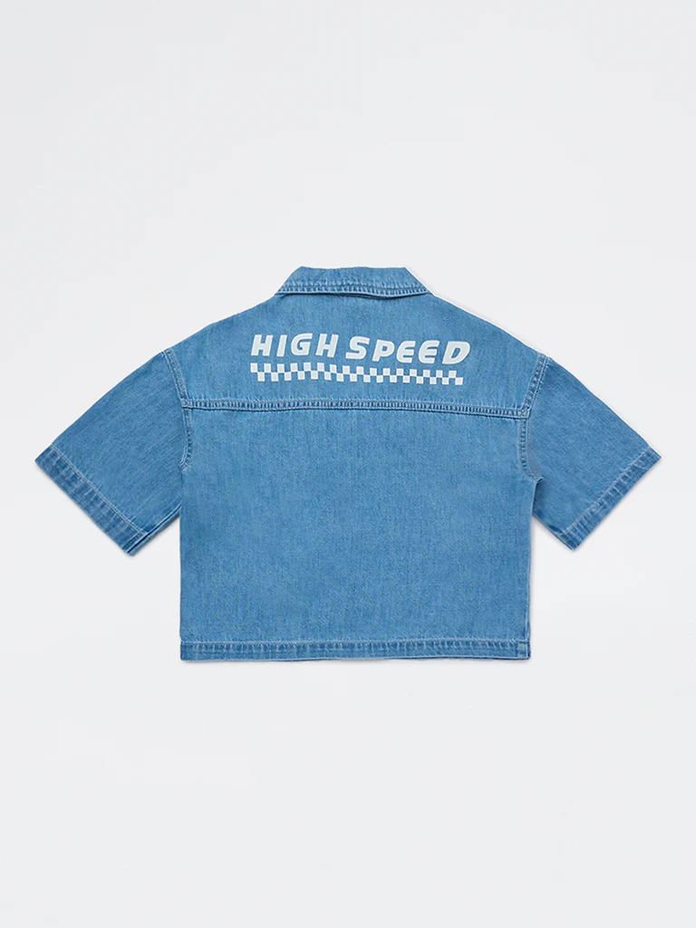 Y&F Kids Girls Blue Text Design Denim Shirt - Image 2