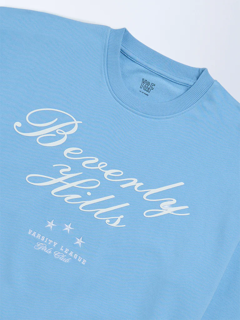 Y&F Kids Girls Blue Text Printed Cotton-Blend Sweatshirt - Image 3