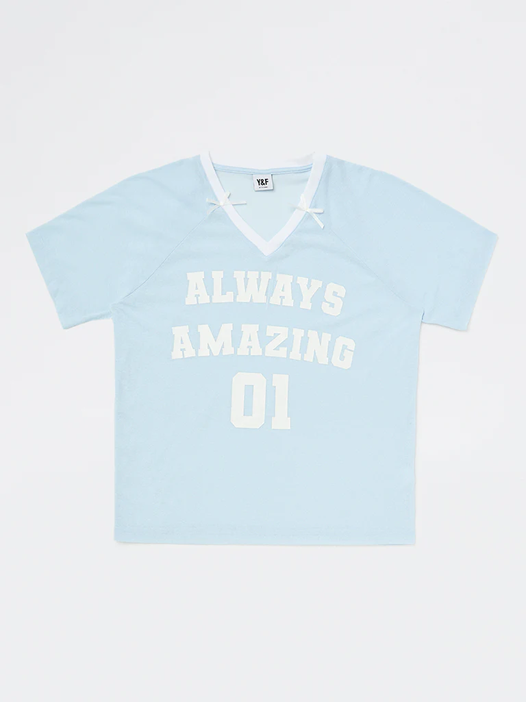 Y&F Kids Girls Blue Text-Printed T-Shirt - Image 4