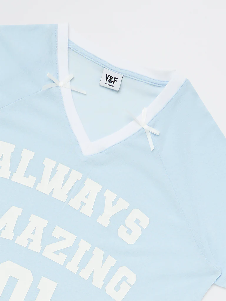 Y&F Kids Girls Blue Text-Printed T-Shirt - Image 6