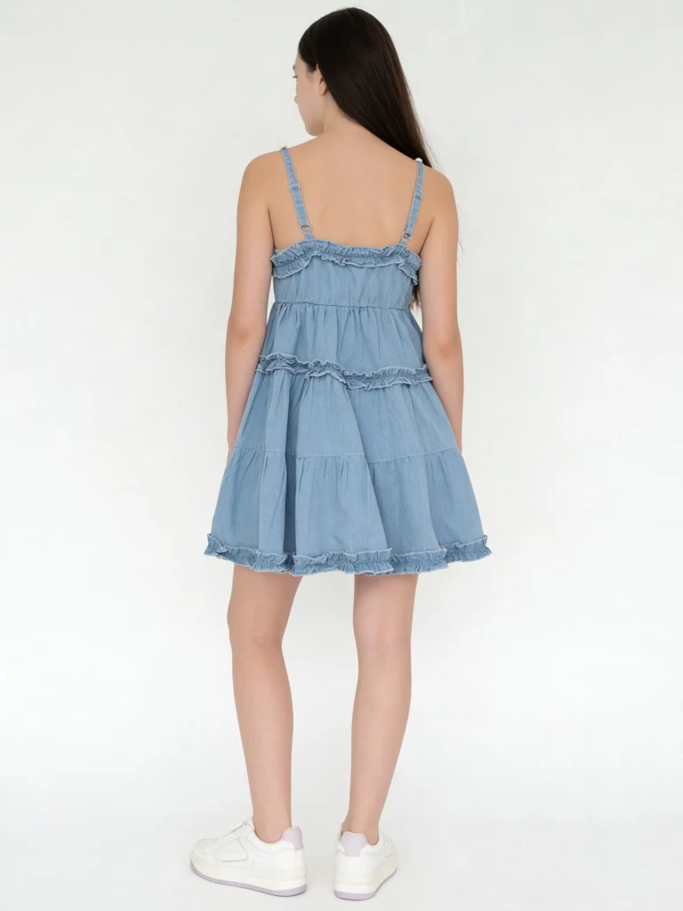 Y&F Kids Girls Blue Tiered Denim Dress - Image 3