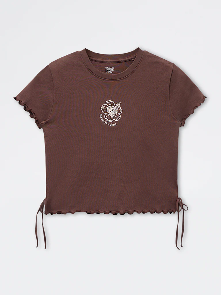 Y&F Kids Girls Brown Embroidered Cotton-Blend T-Shirt - Image 5