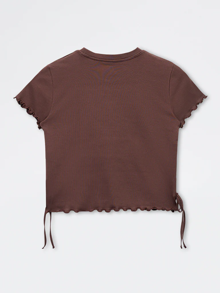 Y&F Kids Girls Brown Embroidered Cotton-Blend T-Shirt - Image 6