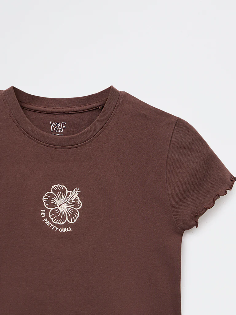 Y&F Kids Girls Brown Embroidered Cotton-Blend T-Shirt - Image 7