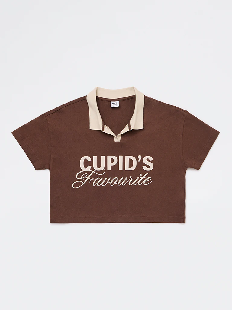 Y&F Kids Girls Brown Embroidered Cotton T-Shirt