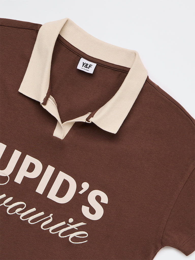 Y&F Kids Girls Brown Embroidered Cotton T-Shirt - Image 4