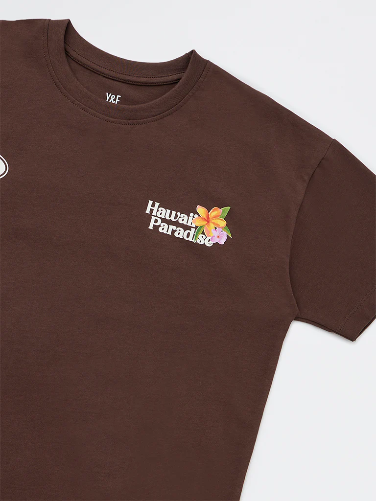 Y&F Kids Girls Brown Graphic-Printed Cotton T-Shirt - Image 3