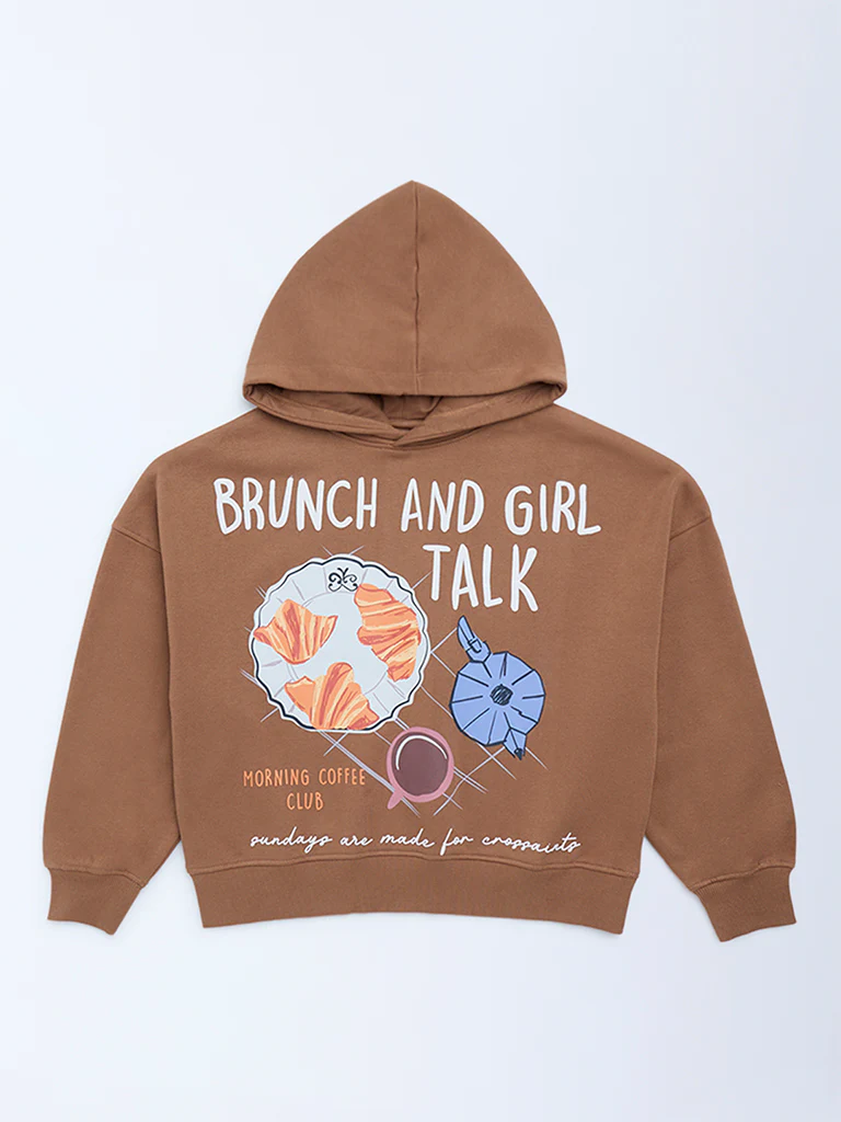 Y&F Kids Girls Brown Printed Cotton-Blend Hoodie