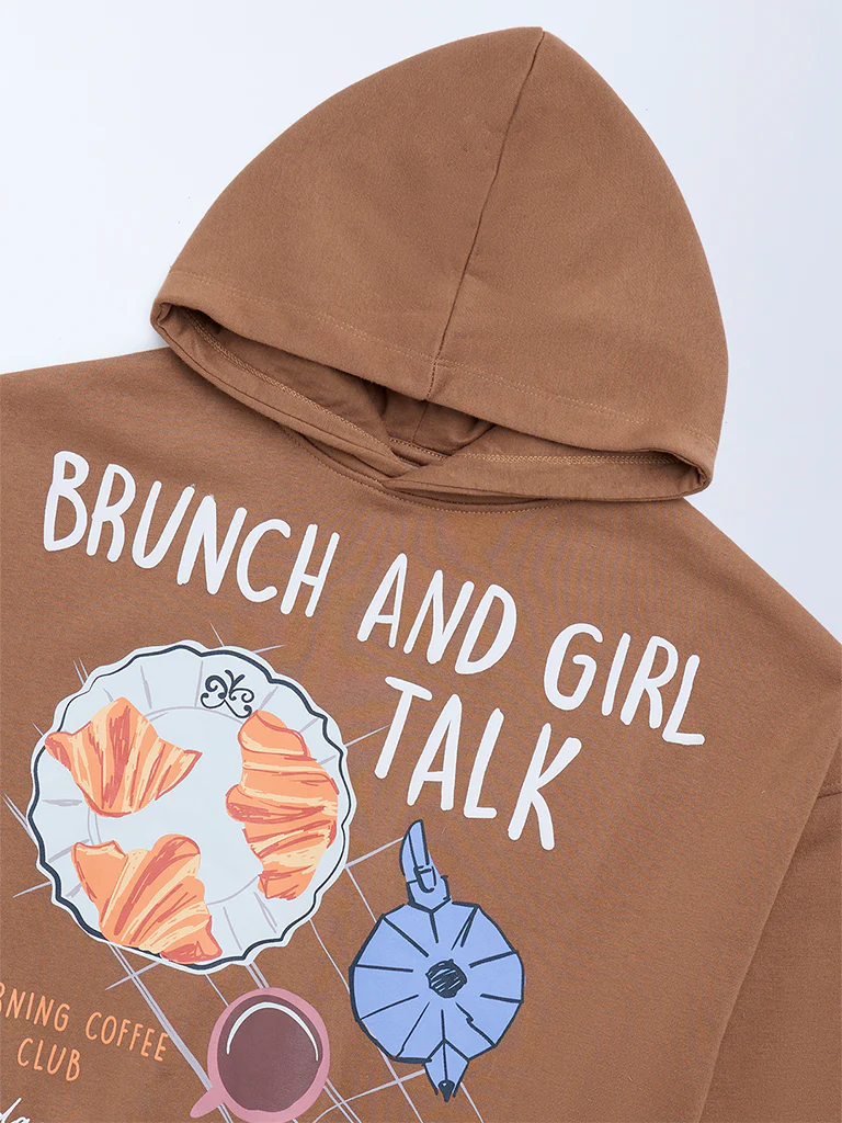 Y&F Kids Girls Brown Printed Cotton-Blend Hoodie - Image 4