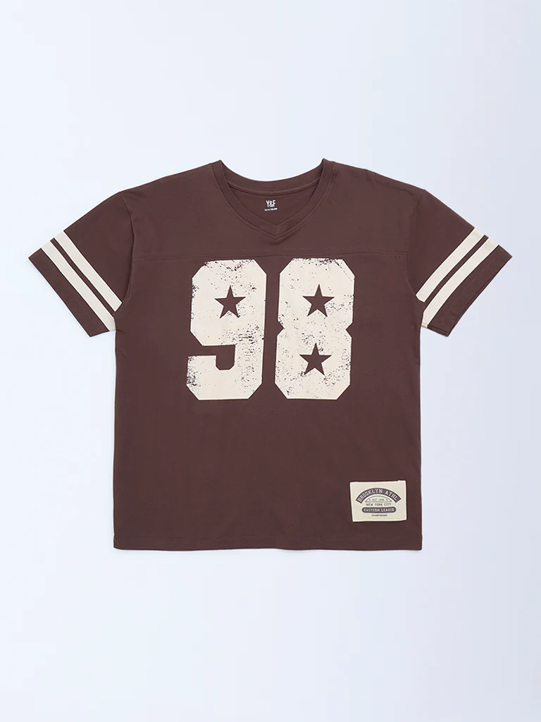 Y&F Kids Girls Brown Printed Cotton T-Shirt