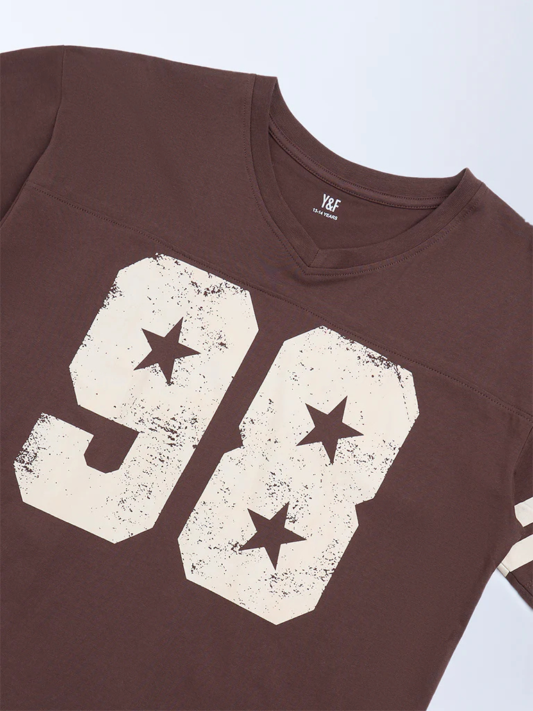 Y&F Kids Girls Brown Printed Cotton T-Shirt - Image 3