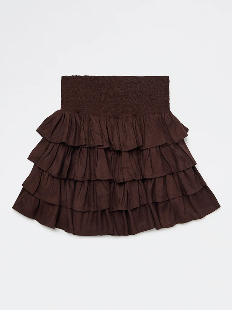 Y&F Kids Girls Brown Ruffled High-Rise Tiered Skirt - Image 3