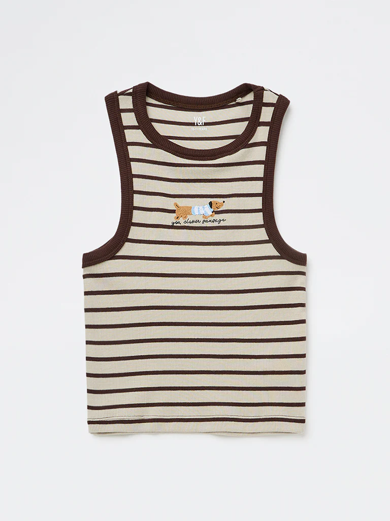Y&F Kids Girls Brown Striped Cotton-Blend Top - Image 4