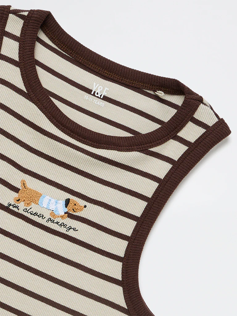 Y&F Kids Girls Brown Striped Cotton-Blend Top - Image 6