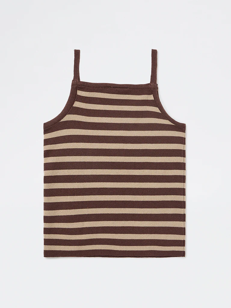 Y&F Kids Girls Brown Striped Cotton-Blend Top - Image 4