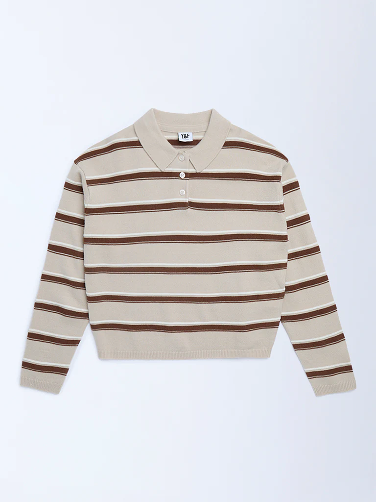 Y&F Kids Girls Brown Striped Sweater