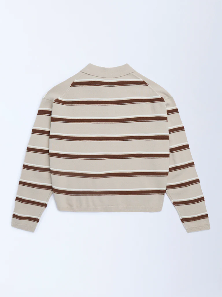 Y&F Kids Girls Brown Striped Sweater - Image 2