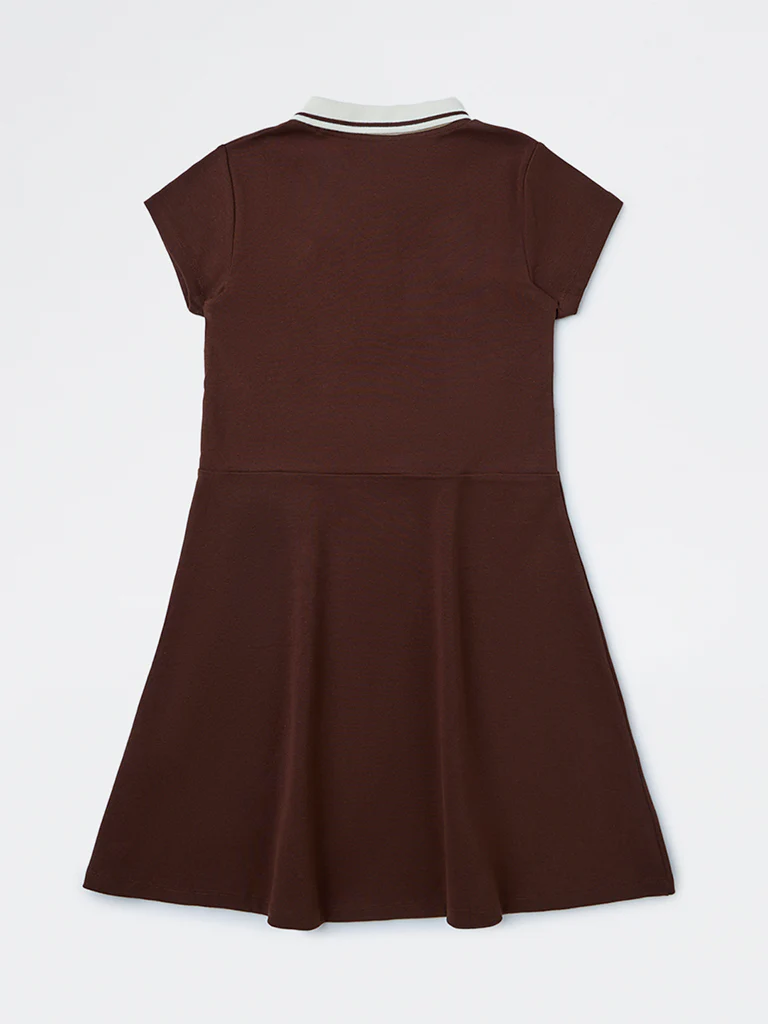 Y&F Kids Girls Brown Text Design Cotton-Blend Tennis Dress - Image 3