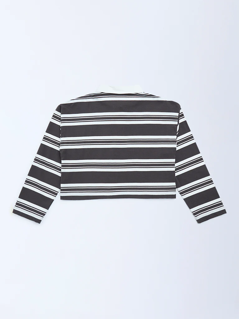 Y&F Kids Girls Charcoal Striped Cotton Polo T-Shirt - Image 2