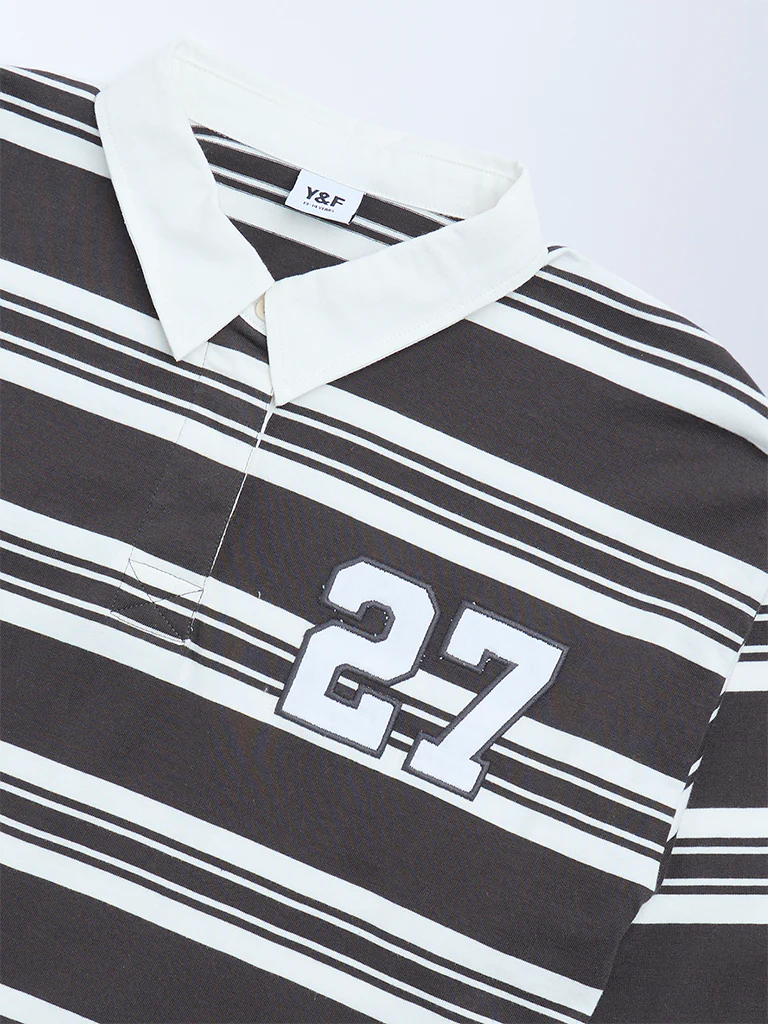 Y&F Kids Girls Charcoal Striped Cotton Polo T-Shirt - Image 3