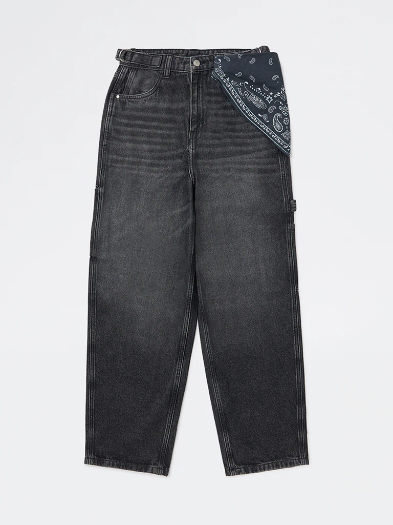 Y&F Kids Girls Charcoal Washed High-Rise Flared Jeans