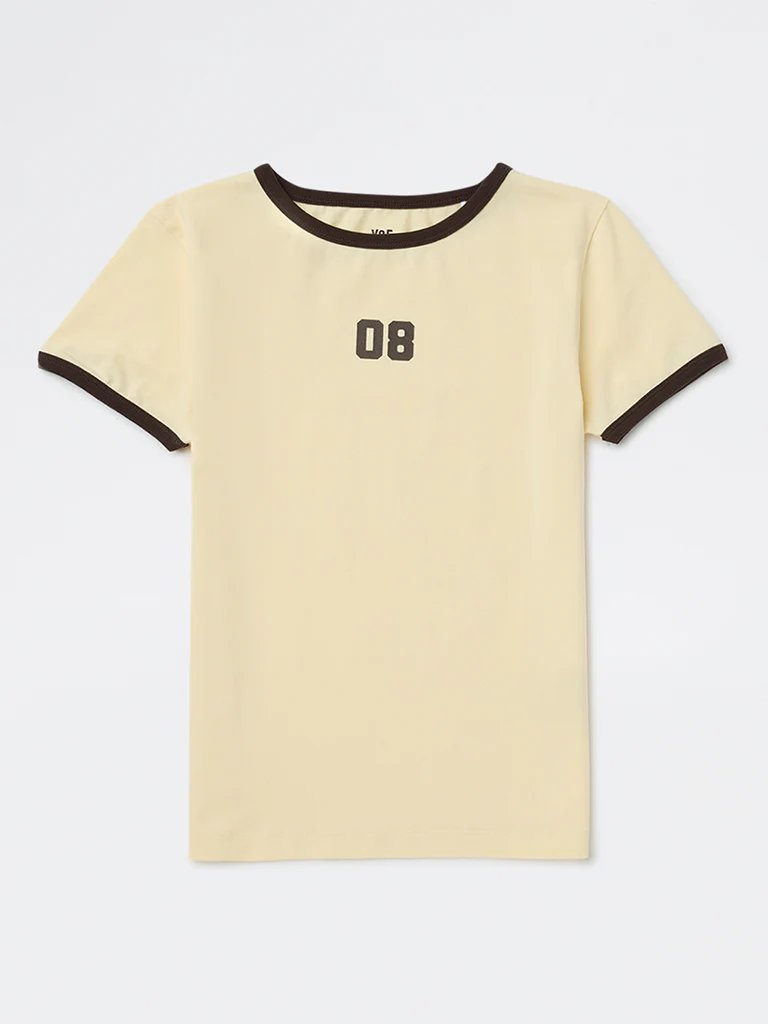 Y&F Kids Girls Cream Printed Cotton-Blend T-Shirt