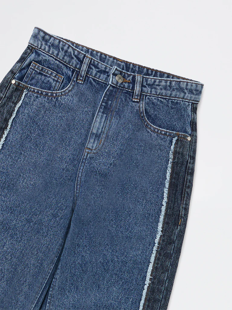 Y&F Kids Girls Dark Blue Faded Relaxed-Fit High-Rise Denim Jeans - Image 3