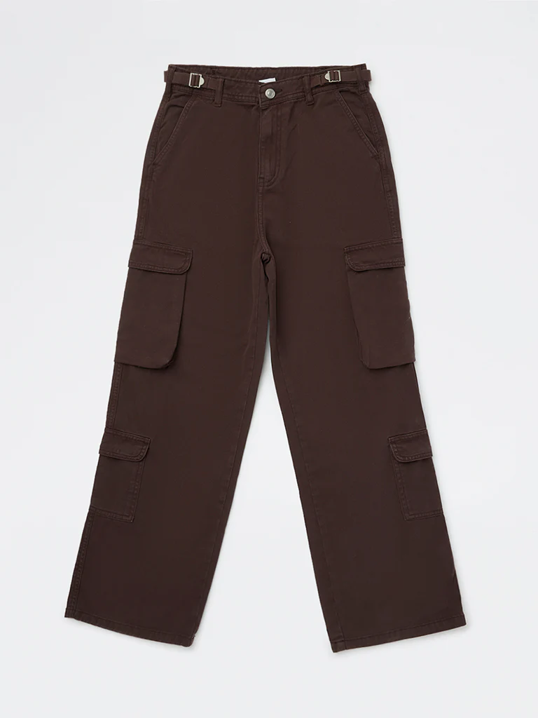 Y&F Kids Girls Dark Brown Mid-Rise Cotton Cargo Trousers