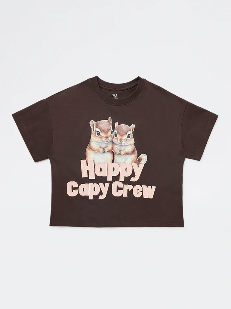 Y&F Kids Girls Dark Brown Printed Cotton T-Shirt - Image 4