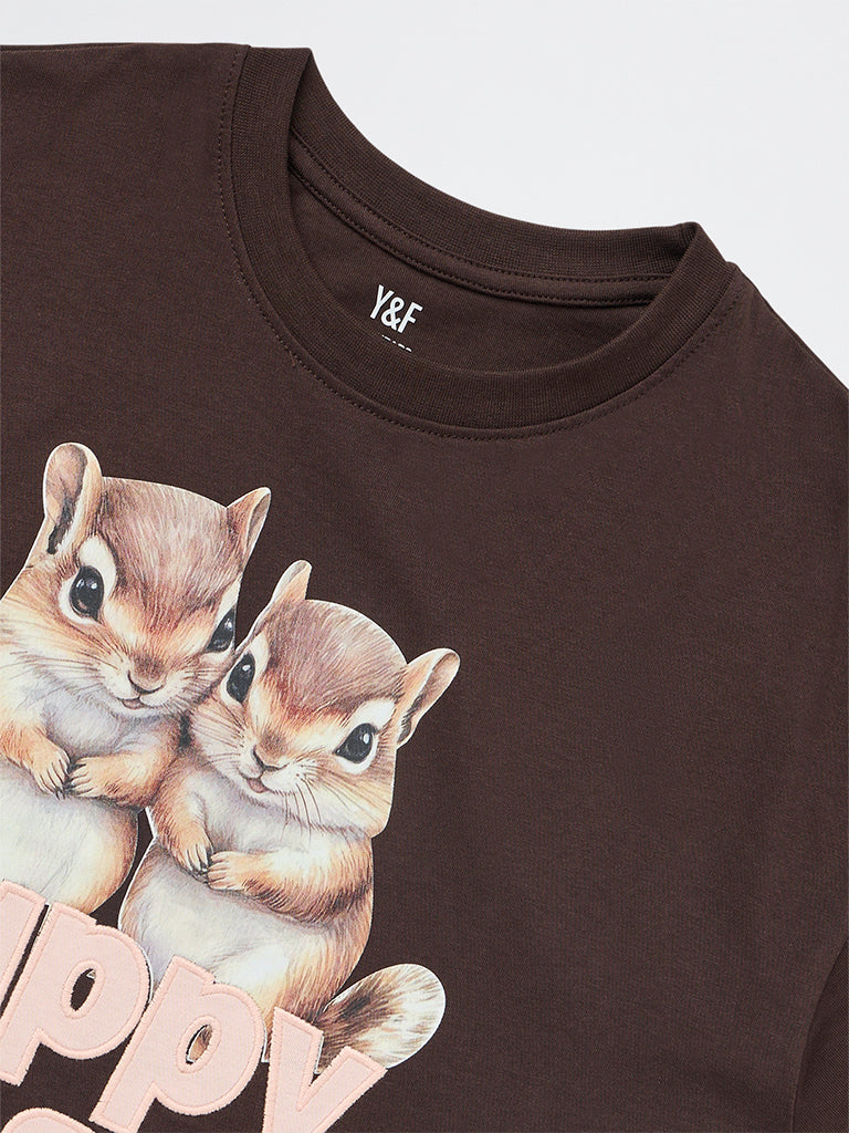 Y&F Kids Girls Dark Brown Printed Cotton T-Shirt - Image 6