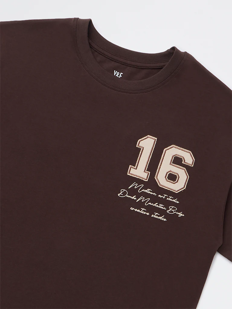 Y&F Kids Girls Dark Brown Text Detailed Cotton T-Shirt - Image 4