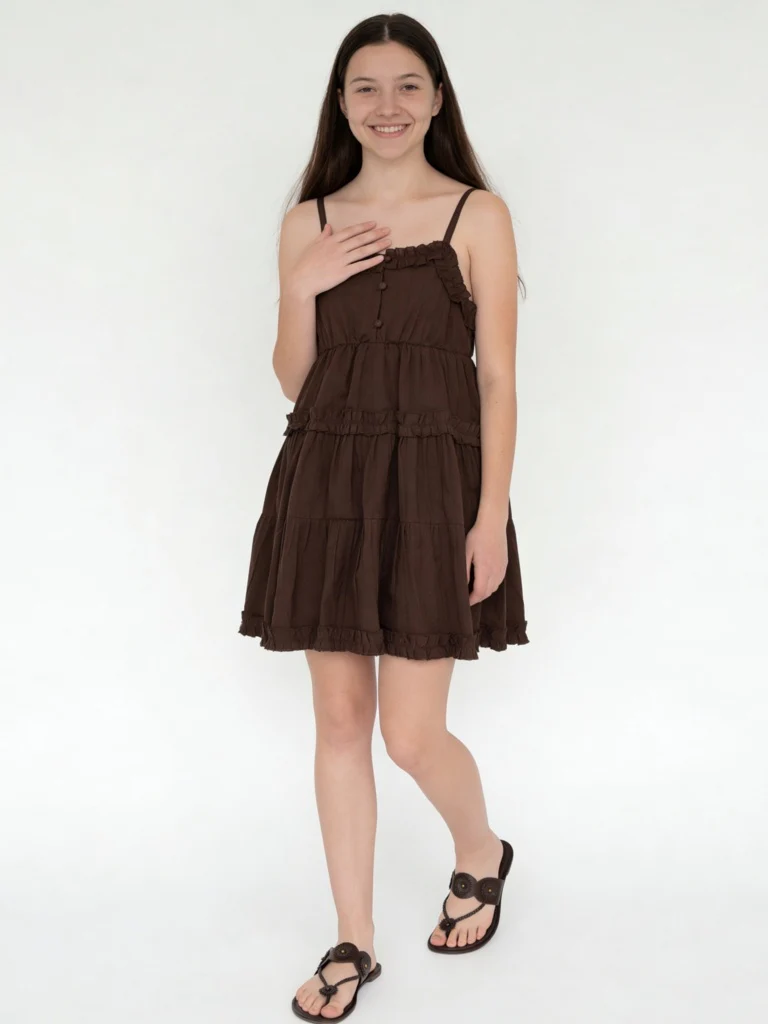 Y&F Kids Girls Dark Brown Tiered Cotton Dress