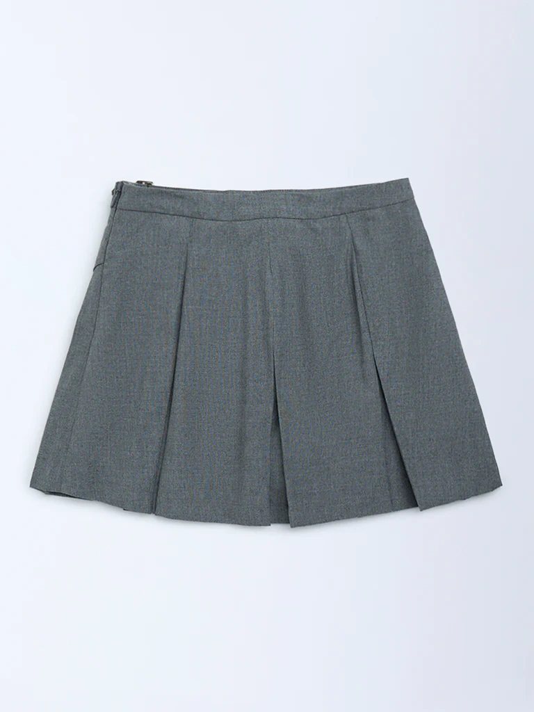 Y&F Kids Girls Grey Box Pleated High-Rise Cotton-Blend Skirt - Image 2