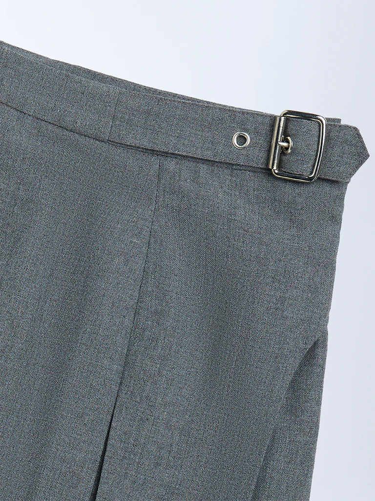 Y&F Kids Girls Grey Box Pleated High-Rise Cotton-Blend Skirt - Image 3