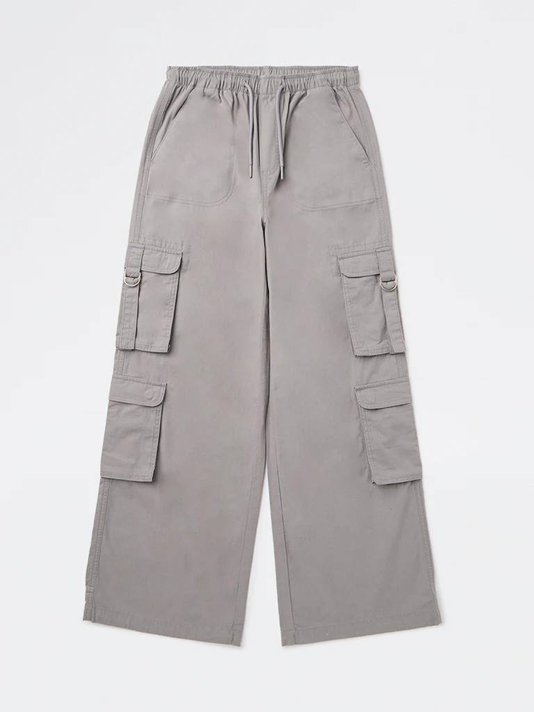 Y&F Kids Girls Grey Cargo-Style Mid-Rise Cotton Pants