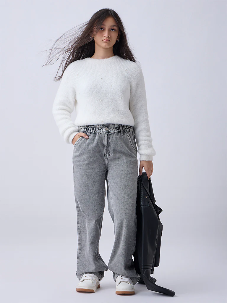 Y&F Kids Girls Grey Washed Straight-Fit High-Rise Jeans