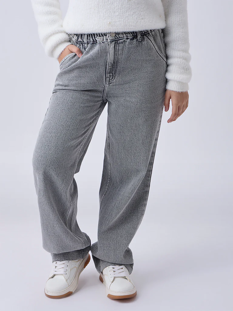 Y&F Kids Girls Grey Washed Straight-Fit High-Rise Jeans - Image 2