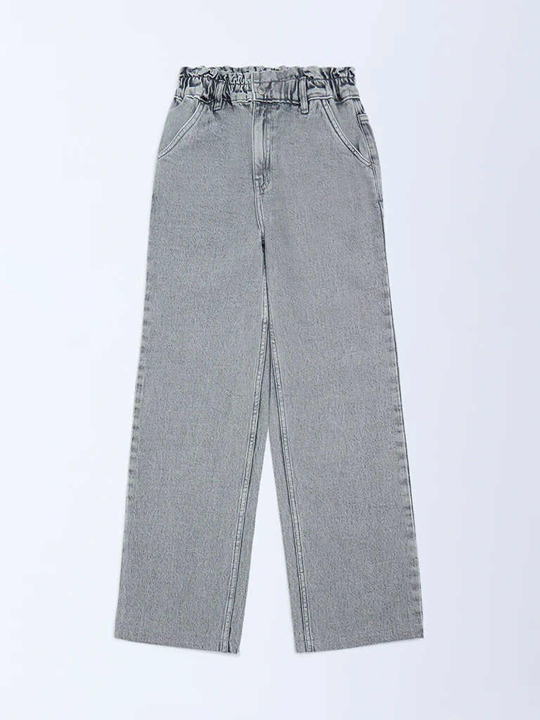 Y&F Kids Girls Grey Washed Straight-Fit High-Rise Jeans - Image 3