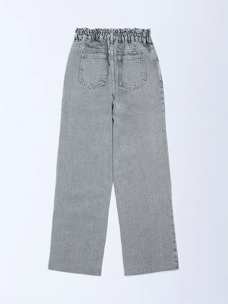 Y&F Kids Girls Grey Washed Straight-Fit High-Rise Jeans - Image 4