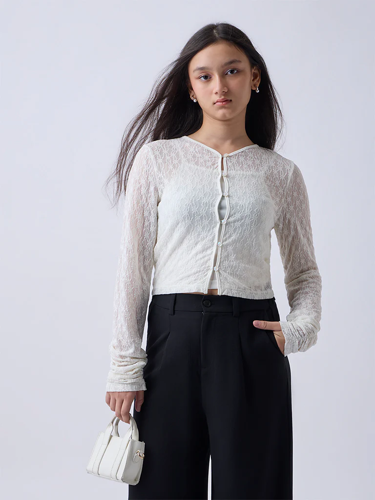 Y&F Kids Girls Ivory Floral Lace Top - Image 2