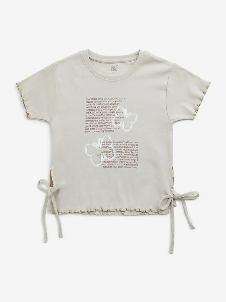 Y&F Kids Girls Light Beige Typographic Print Cotton T-Shirt