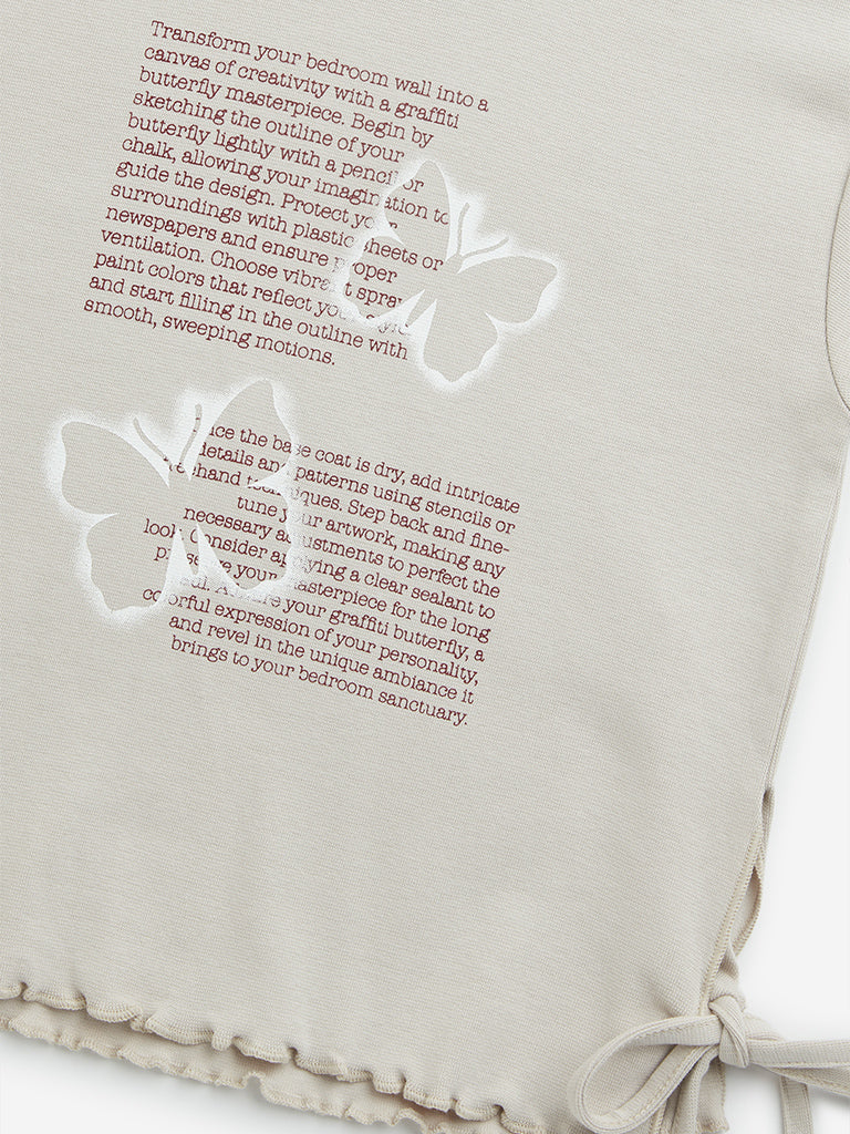 Y&F Kids Girls Light Beige Typographic Print Cotton T-Shirt - Image 3