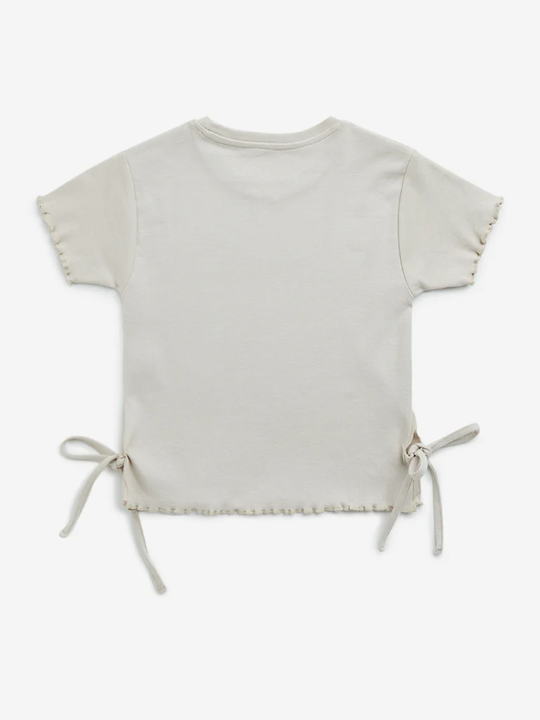 Y&F Kids Girls Light Beige Typographic Print Cotton T-Shirt - Image 4